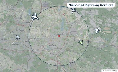 Mapa okolic miasta z sylwetkami samolotów — Niebo nad Dąbrową Górniczą